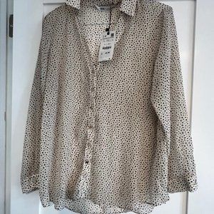 Zara, NWT,  Blouse, sheer with black dots and gold thread and buttons Cream